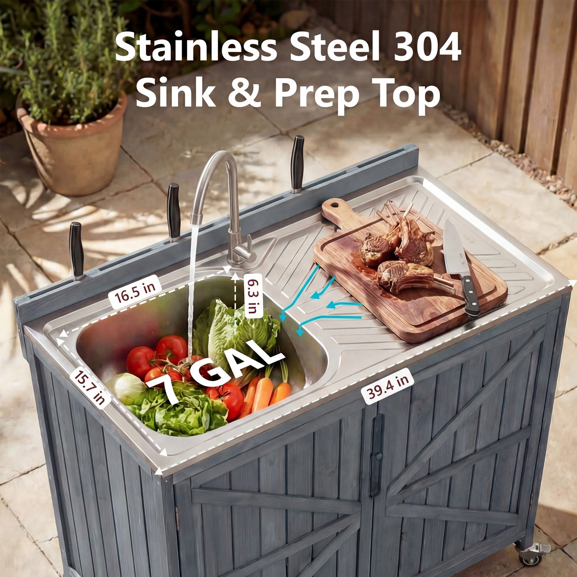 AENKYO 39.4" Outdoor Kitchen Island with 304 Stainless Steel Sink, Wood Prep Station with Faucet & Wheels, Gray Blue