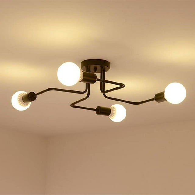 Lámpara de techo moderna, lámpara de techo de metal industrial, 4 lámparas, lámpara de techo LED E27, lámpara colgante moderna de araña negra para sala de estar, dormitorio, cocina, sin bombillas