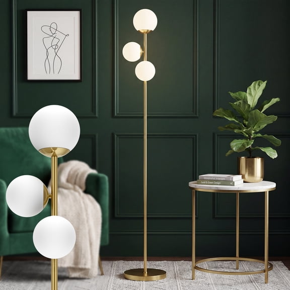 65.7in Gold 3-Light Globe Floor Lamp Modern Standing Tree Lamp with Frosted Glass Shades & Foot Switch for Living Room Bedroom