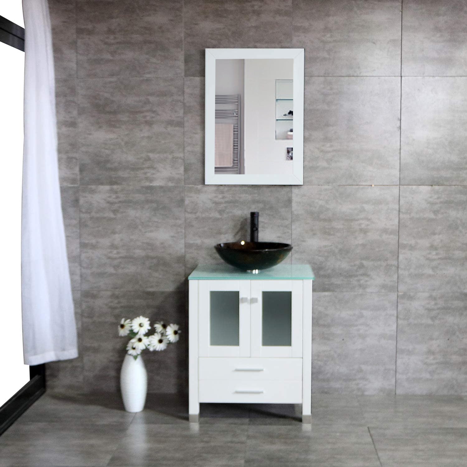 Wonline 24" White Bathroom Vanity Cabinet , Vessel /Round Glass Sink W