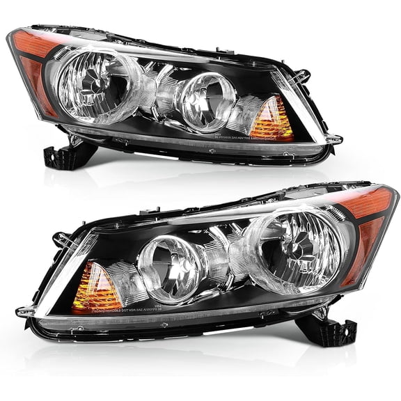 for 2008 2009 2010 2011 2012 Honda Accord Headlight Assembly 4dr Sedan Clear Lens Black Housing with Amber Reflector Headlamp Replacement Left and Right Pair