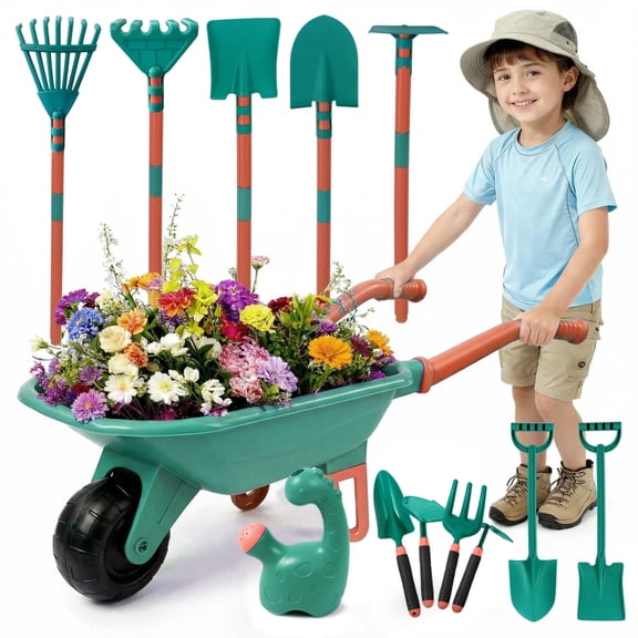 SaveJoy Kids Gardening Tools Set,Toddler Garden Outdoor Toys,Kids Wheelbarrow with Watering Can,Shovel,Rake,Hoe,Outdoor Toys for Kids Age 4-8,Green