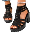 thumbnail image 4 of PiGOGI Women Solid Color Rhinestone Open Toe Back Zipper High Heeled Sandals Thick Heel Summer Black, 4 of 9