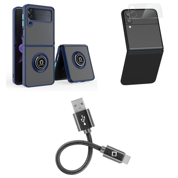 Bemz Accessory Bundle for Samsung Galaxy Z Flip 3: Magnetic Mount Ring Stand Transparent Hybrid Case (Deep Blue), Premium Glass Lens Protectors (2-Pack), USB-C to USB-A Cable (4 inches)