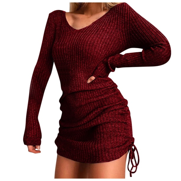 Vestido de jersey de manga larga con cuello en V para mujer - Corte ajustado, material de poliéster, informal/para el día a día, lavable a mano/a máquina (S-XXL)