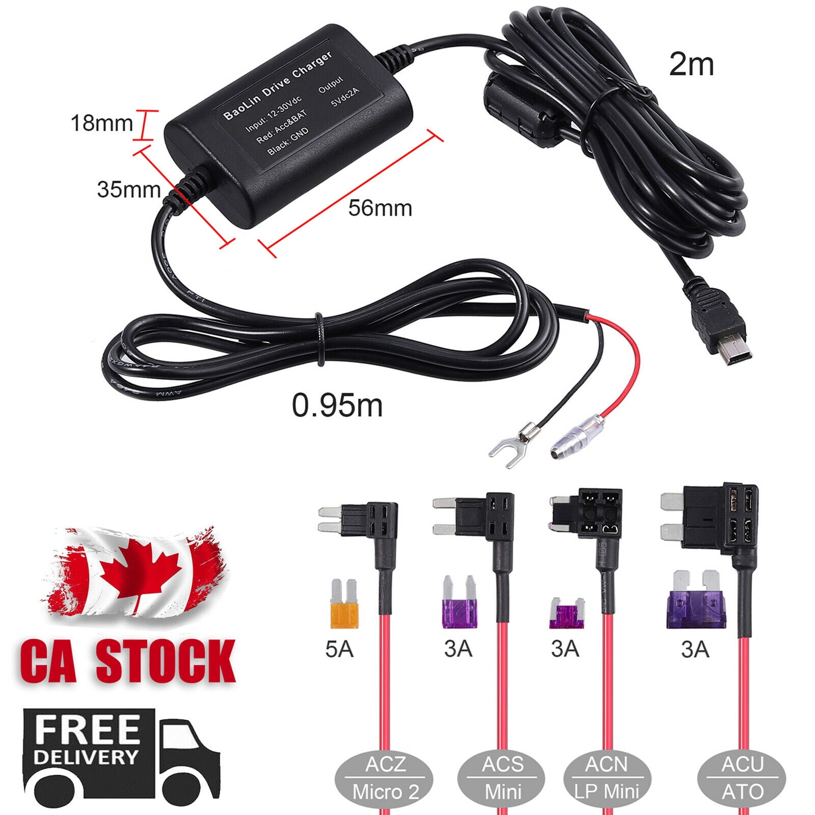 Universal Micro USB Car Recorder Dash Cam HardWire Cable + Fuse