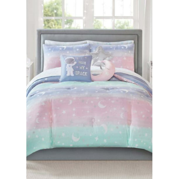 Pastel Rainbow Stardust Moon Stars Girls Colorful Reversible Twin Comforter Set 6 Piece Bed In A Bag Walmart Com Walmart Com