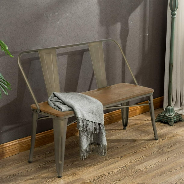 Erommy Metal Bench Industrial MidCentury 2 Person Chair with Wood Seat,Dining Bench with Floor