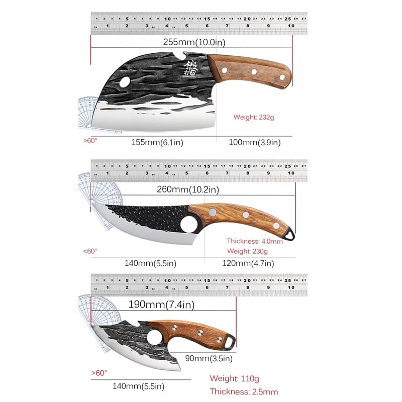 3 Pieces Hand Forged Kitchen Knife Set, High Carbon Steel Cleaver Knives with Solid Wood Handle, Multi-Purpose Chopping Cutting Tools for Home Kitchen Cooking