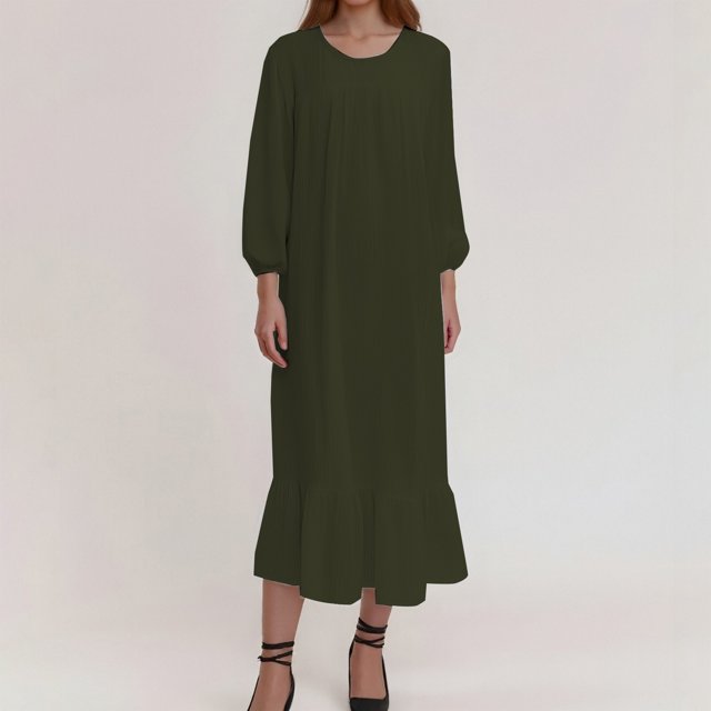 WILLBEST Vestidos Nuevas Túnicas Largas Para Mujer Para Primavera Y Otoño Con Mangas Largas, Vestido Largo Retro Con Color Sólido Y Dobladillo Con Volantes.