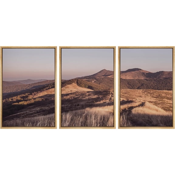 Wall26 Framed Prints Canvas Wall Art Set of 3 Autumn Sunset Mountain Range Nature Wilderness Photography Realism Decoration Landscape Rustic Country/Farmhouse Wall Decora - Natural 24"x36"x3