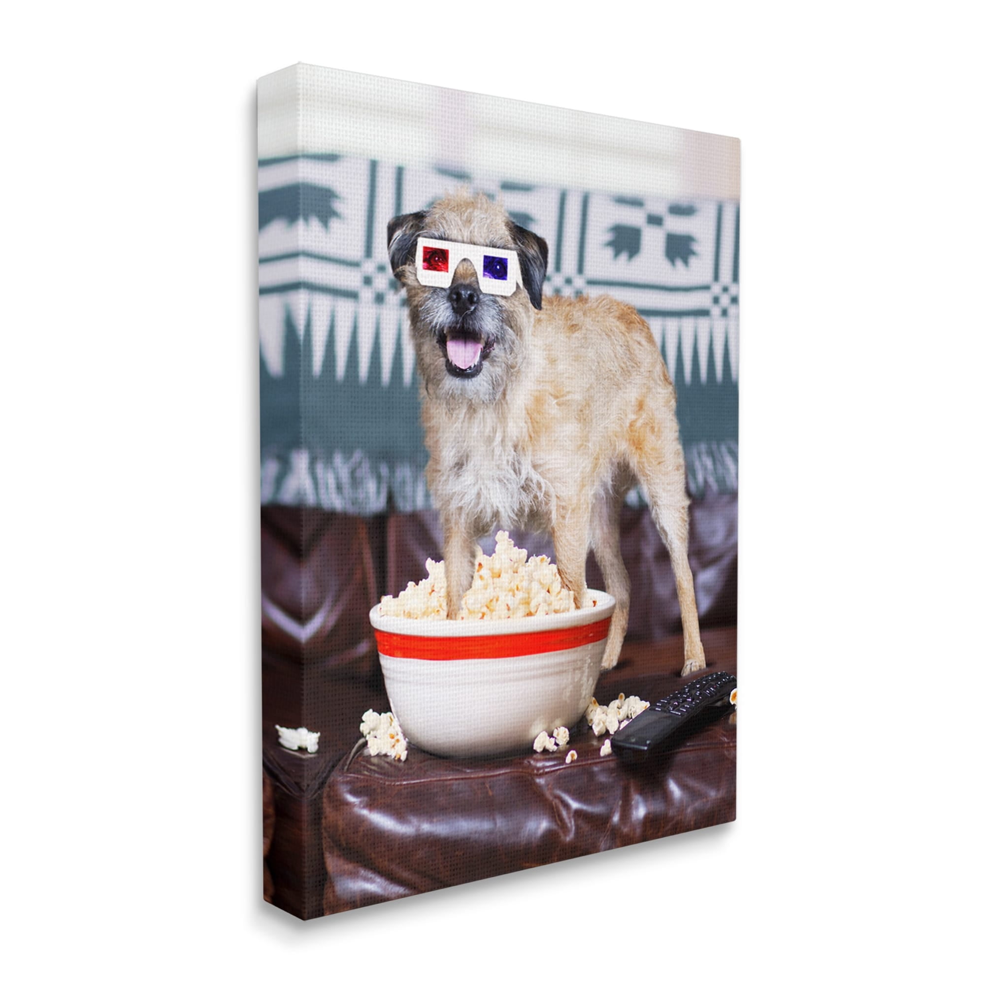 Stupell Industries Dog 3-D Movie Night Couch Snacking Popcorn Photograph Gallery Wrapped Canvas Print Wall Art, Design by Michael Quackenbush