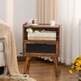 thumbnail image 2 of LEYAOYAO Nightstand with USB Ports, Woven Rattan Bedside Table with 1 Drawer and Lift-Up Legs, for Boho Bedroom, Brown, 2 of 5