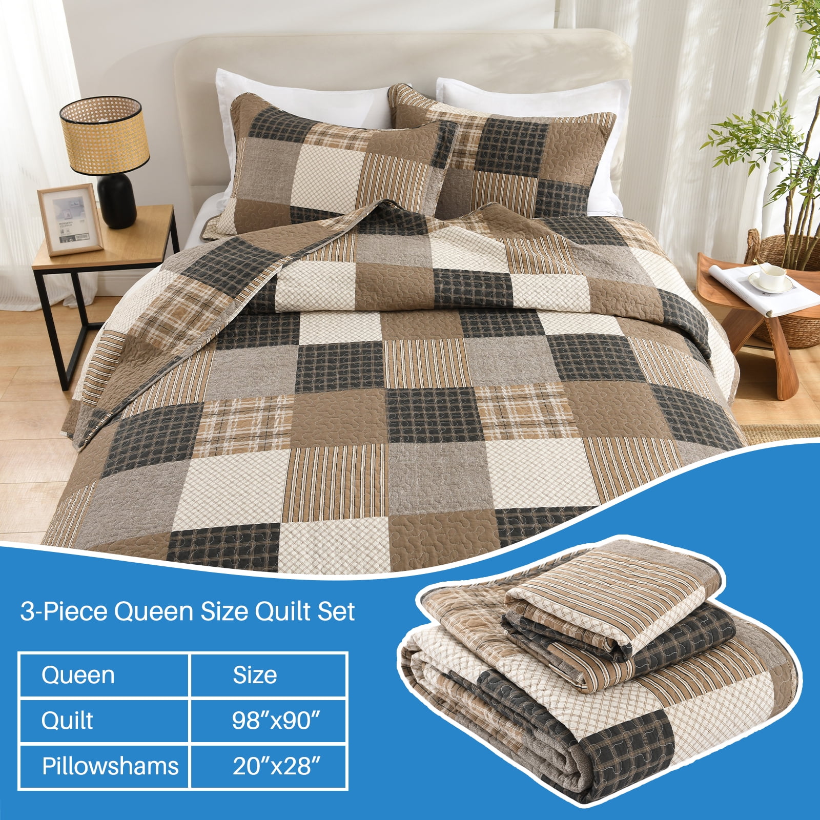 Bedduvit Farmhouse Plaid Queen Size Quilt - 100% Cotton Brown Gray Black Patchwork Quilts Bedspread for Queen Bed, Cabin Rustic Lightweight Reversible Quilt Set, All-Season 3-Piece Bedding Set, 98x90