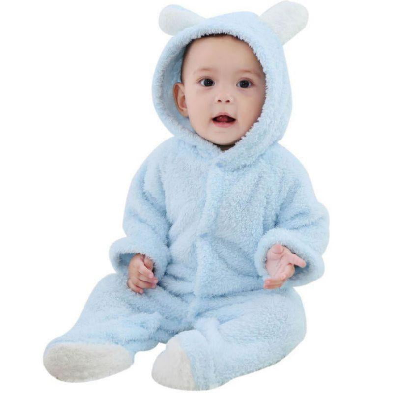 ANKE Baby Cute Hooded Romper Zip-up Thicken Fleece Jumpsuit 