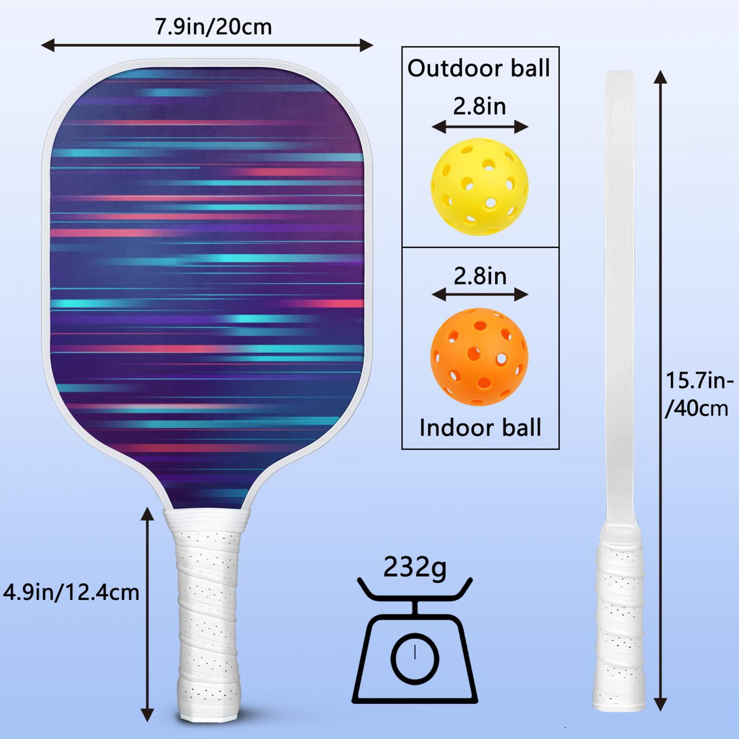 Pickleball Paddles Set Of 1, Fiberglass Surface, Speed, Lightning, Thunder Print, 1 Paddle, 2 Balls & Bag