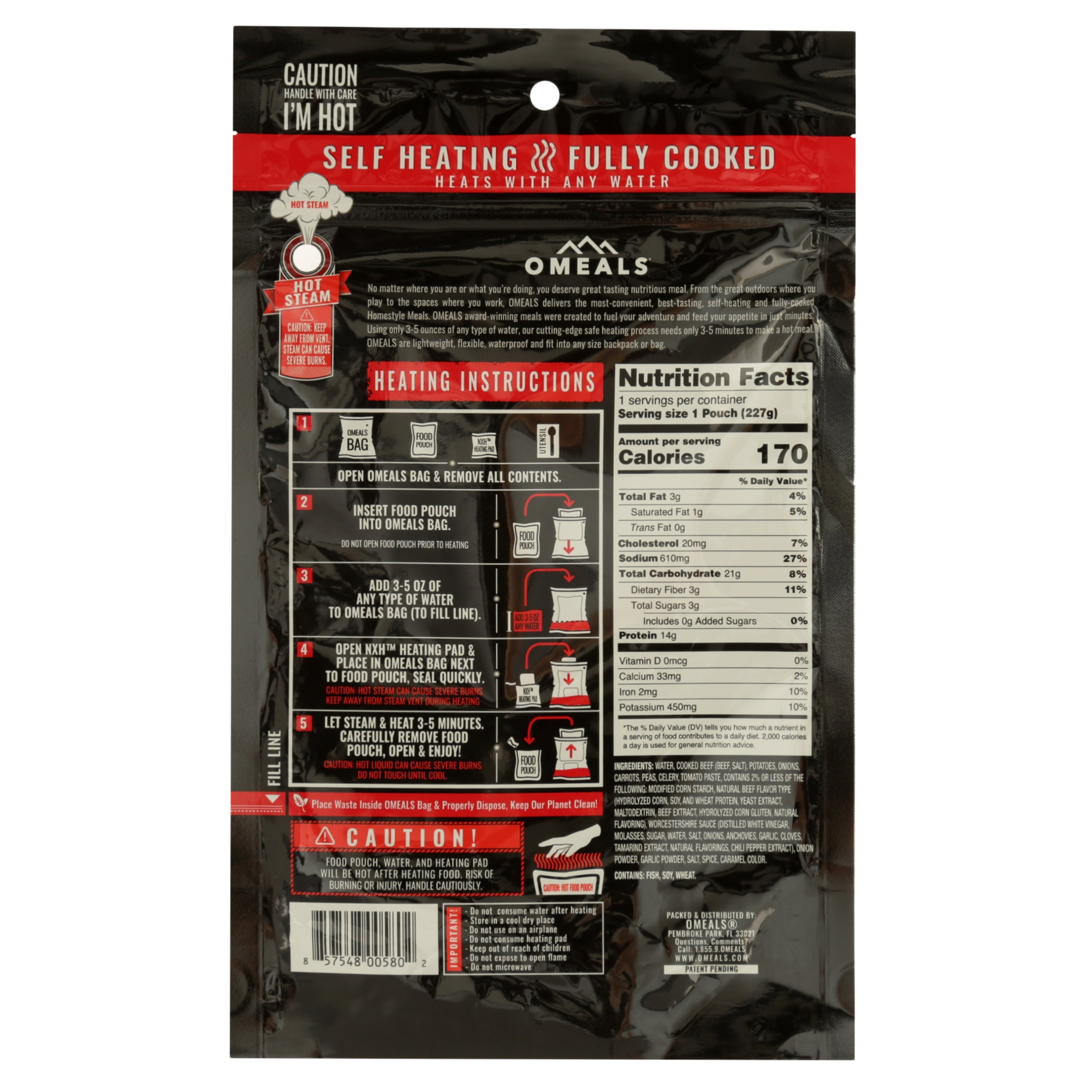 Omeals Vegetable Beef Stew 8oz Pouch Self Heating Camping Meal