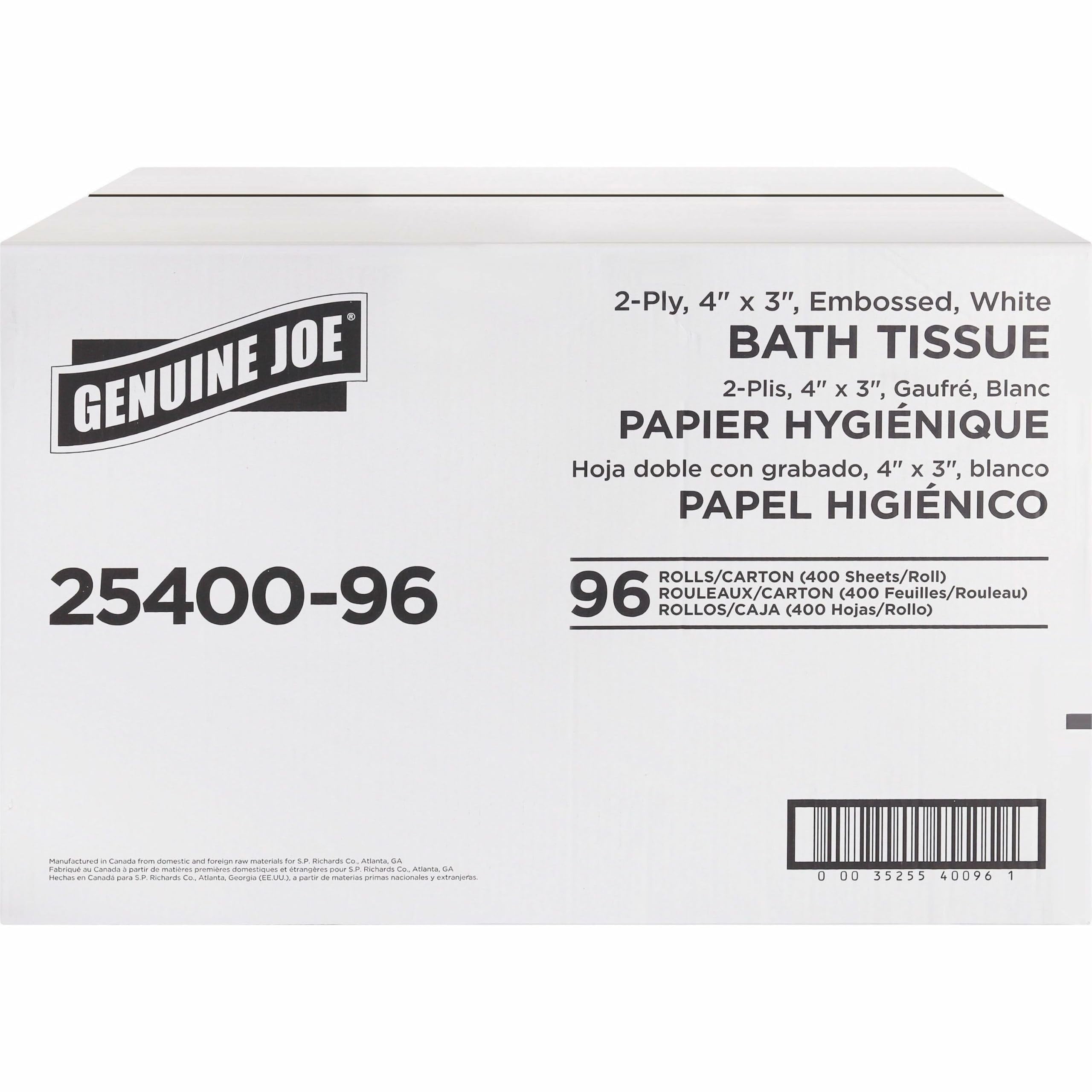 Genuine Joe Standard Bath Tissue, 3" x 4", 2-Ply, 400 Sheets/Roll, 96 Count