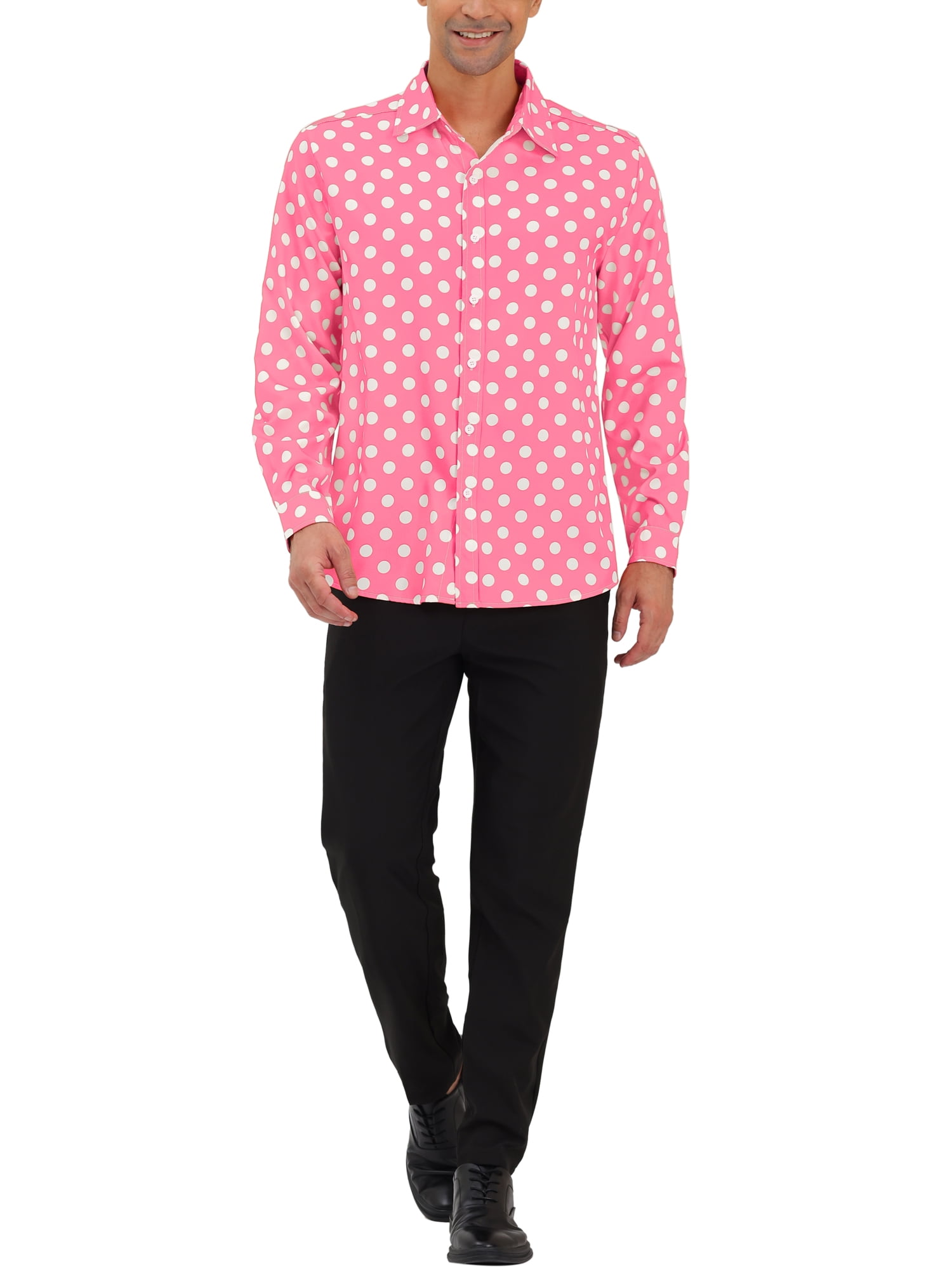 Unique Bargains Men's Long Sleeve Button Slim Polka Dots Shirt 38 Light Pink