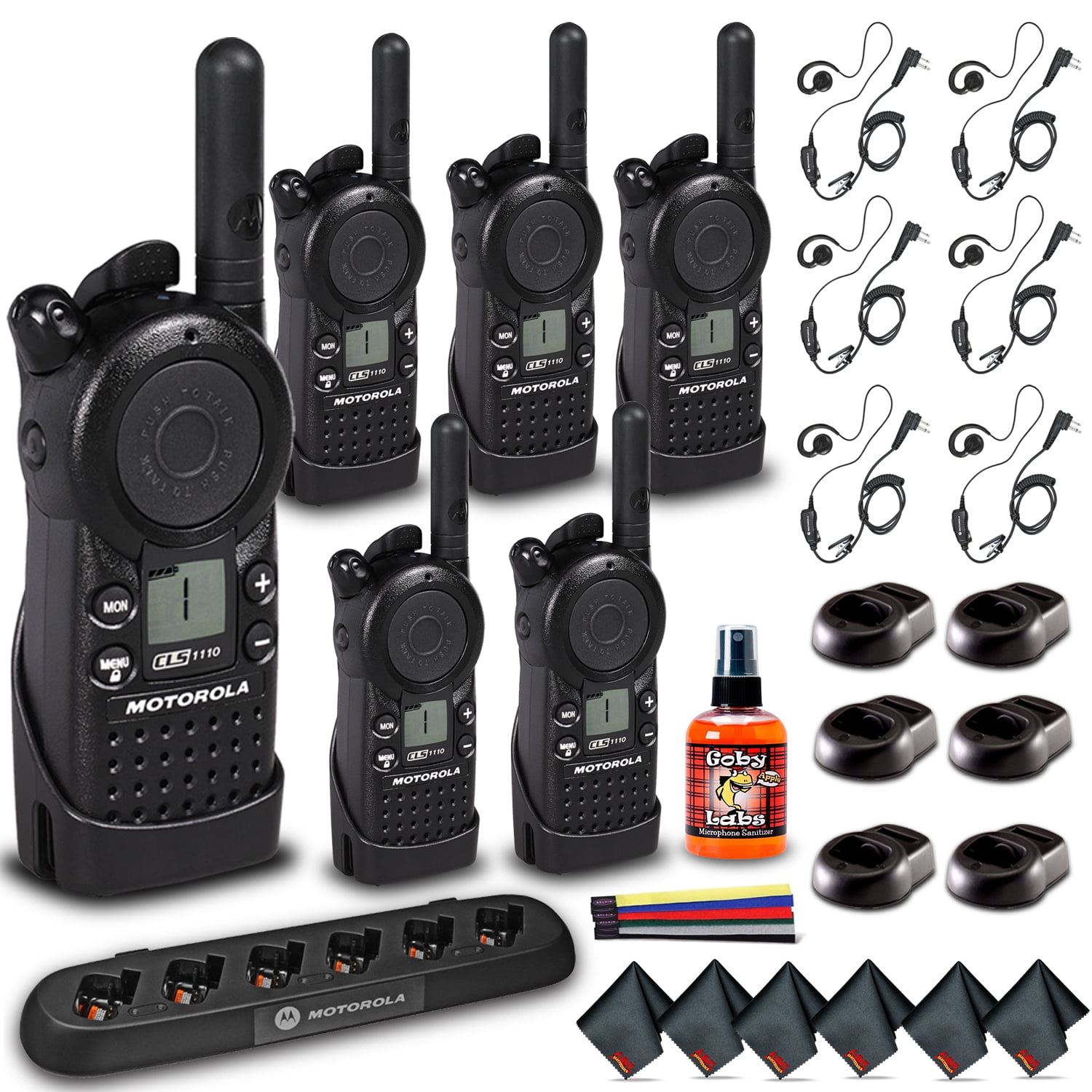 6 Pack of Motorola CLS1110 Walkie Talkie Radios with Headsets & 6-Bank  Charger