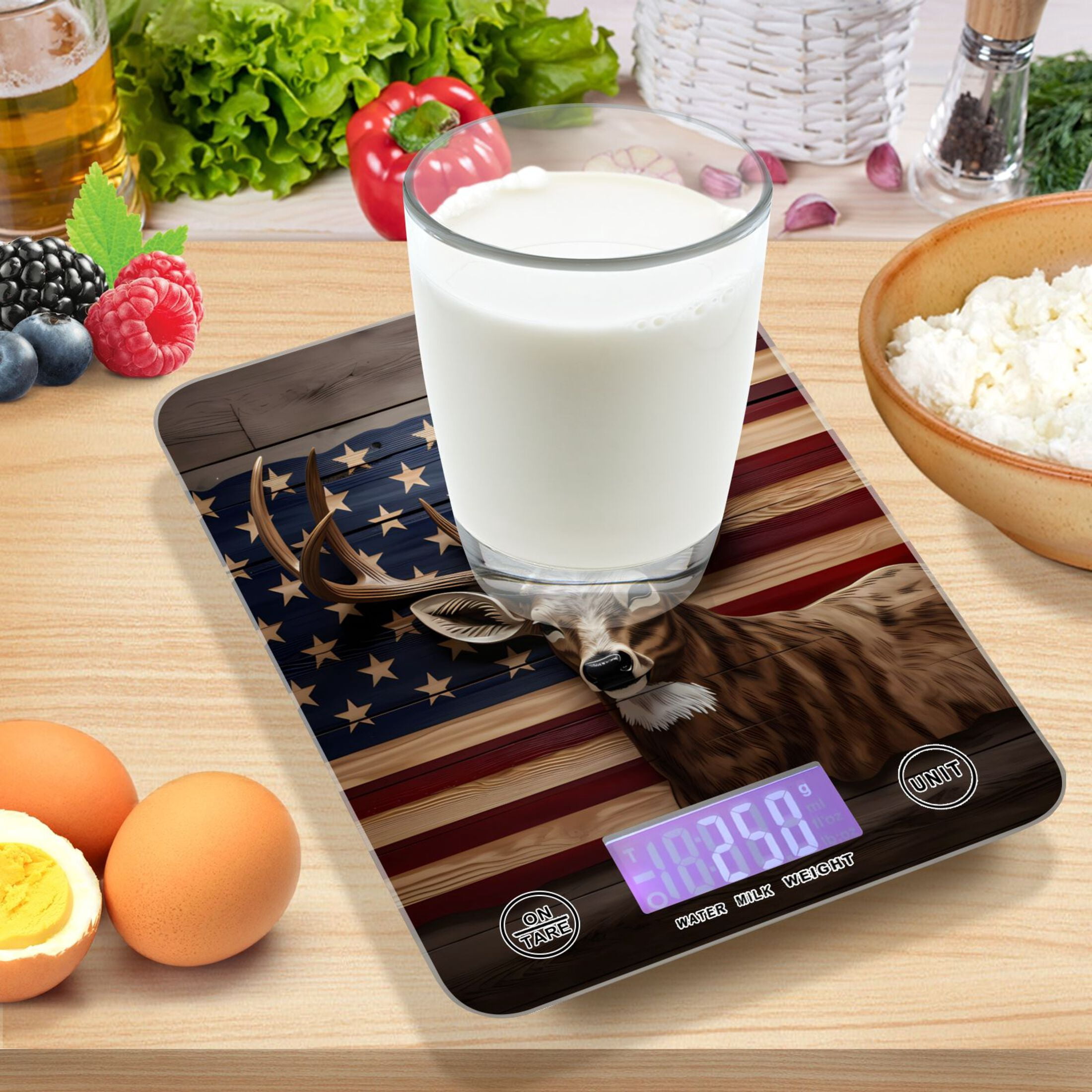 American Flag Deer Food Scale Digital Kitchen Scale Waterproof Tempered Glass Tare Function 11 lb for Baking Cooking Meal Prep