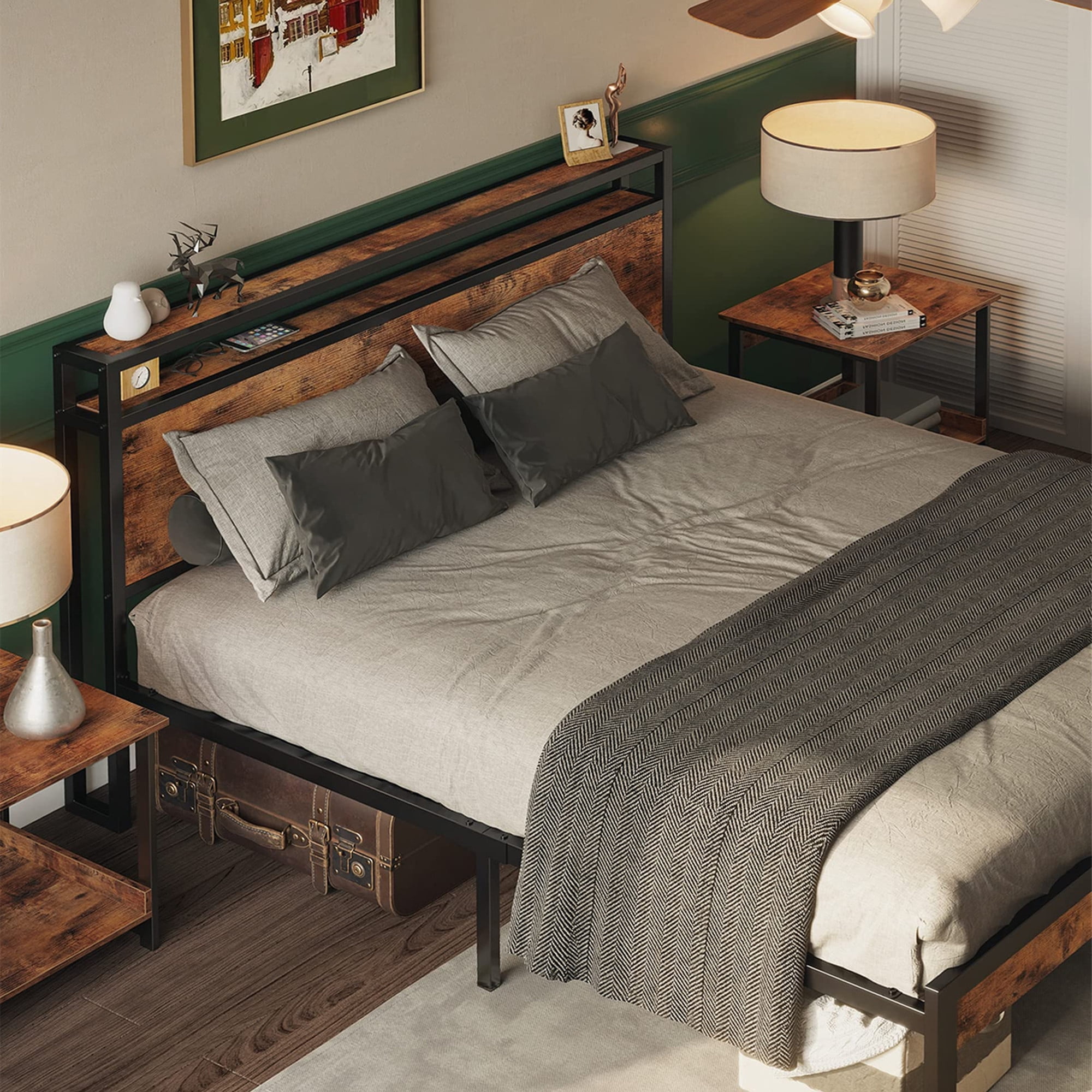 Aukfa Metal King Size Bed Frame with USB Charge Port&2-Tier Wood Storage Headboard Shelf, Black