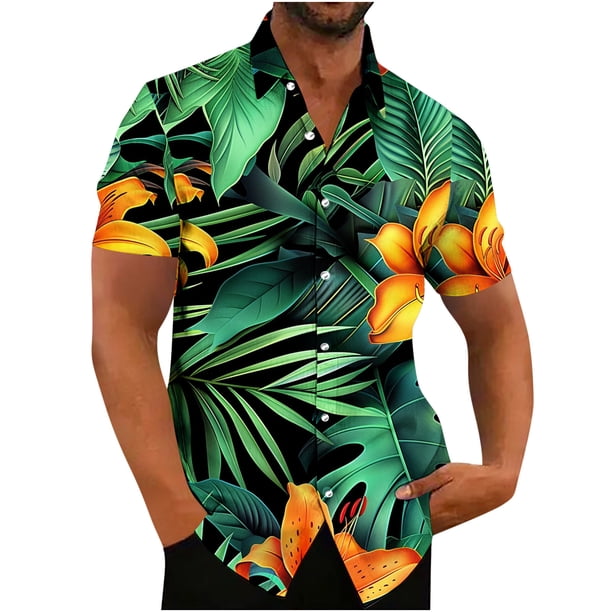 Camisas de Manga Larga para Hombres Impresión Botón Cuello de Vuelta Blusa Casual, Hombre de Manga Corta Botón Abajo Camisas