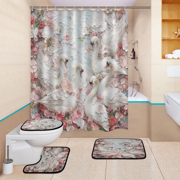 BZSMCE 4PCS White Swans Shower Curtain Set Bathroom Decorative Set