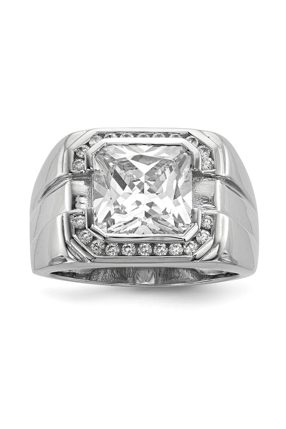 White Sterling Silver Ring Band Men's Open Back Cubic Zirconia CZ Octagon Emerald Clear Round