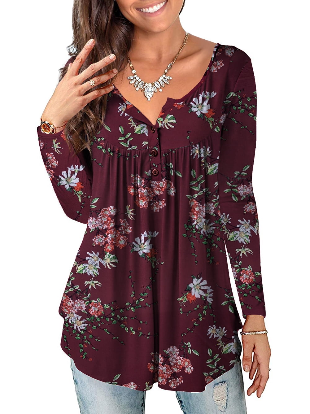 a.Jesdani Womens Plus Size Long Sleeve Tunic Tops Casual Floral Henley ...