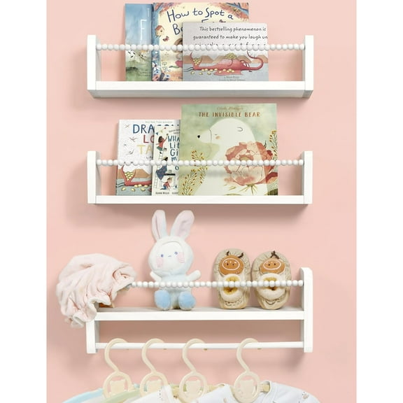 Bookshelf set of three, natural wooden floating shelf wall mounted storage rack, with towel rack, bookshelf bedroom living room decoration, white