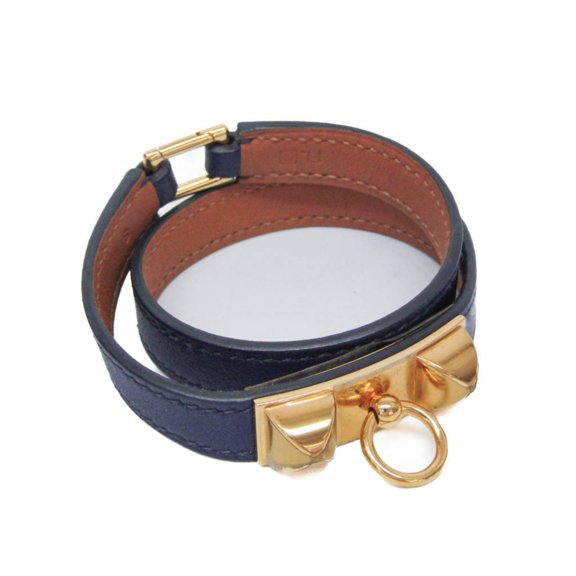 Pre-Owned Hermes Rivale Double Tour Leather,Metal Wrap Bracelet Gold,Navy (Good)