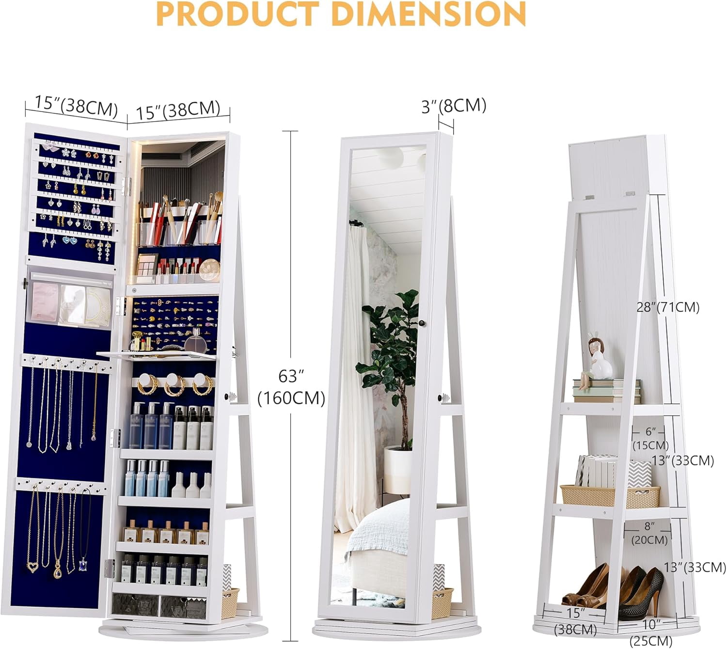 AENKYO LED 360-Degree Rotating Jewelry Armoire with Full-Length Mirror - Lockable Jewelry Cabinet Organizer with 63-Inch Storage Shelves - White