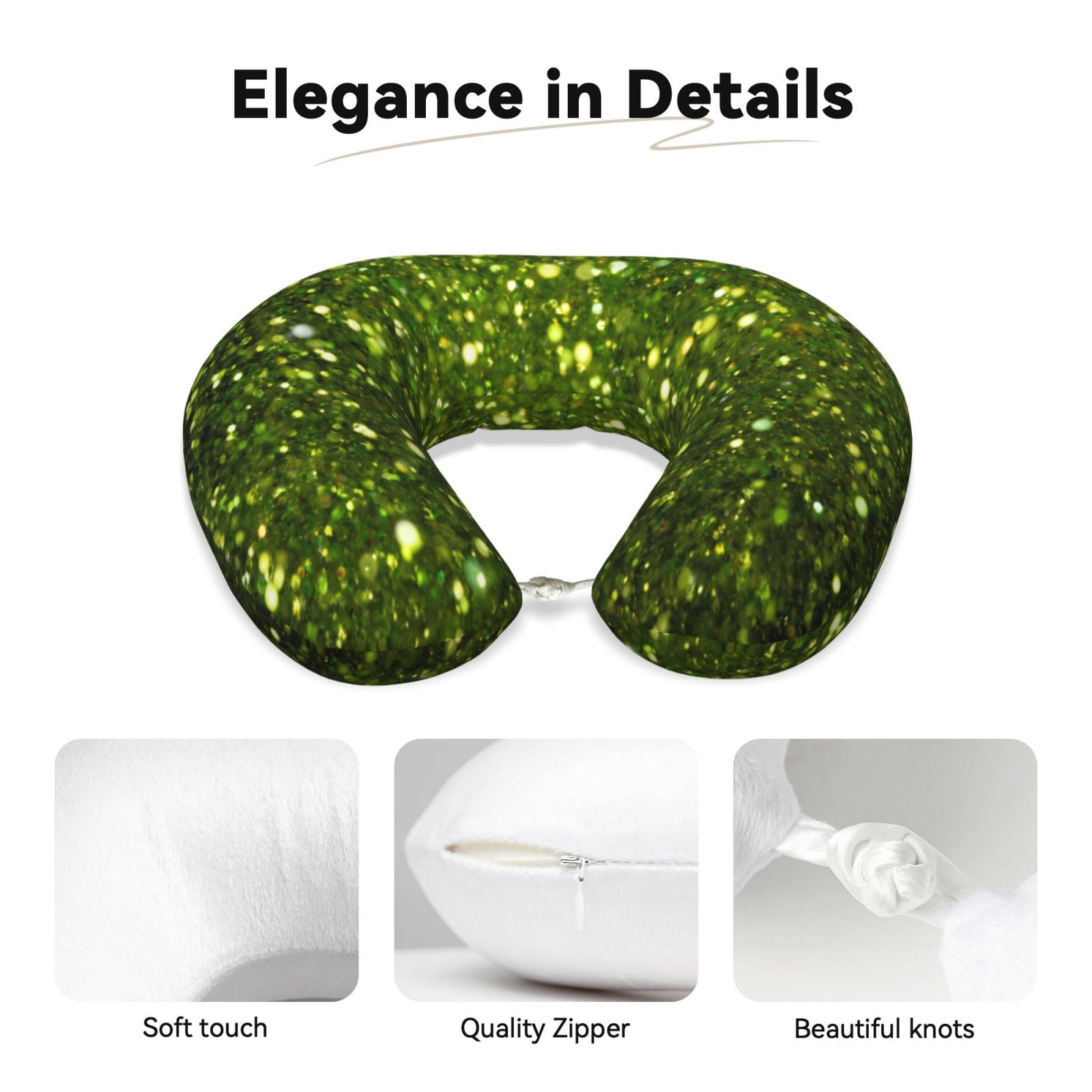Xecao Green Glitter Sparkle Print Memory Foam Cervical Neck Pillow Versatile U-Shaped Pillows for Home,Office,Camping,Travelling,Soft Washable Cover