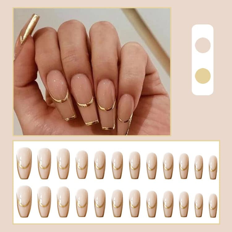 Golden Lines Artificial Nails Fairy Style Women Artificial Nails for Nail Art Starter Beginners, Size: Glue Models