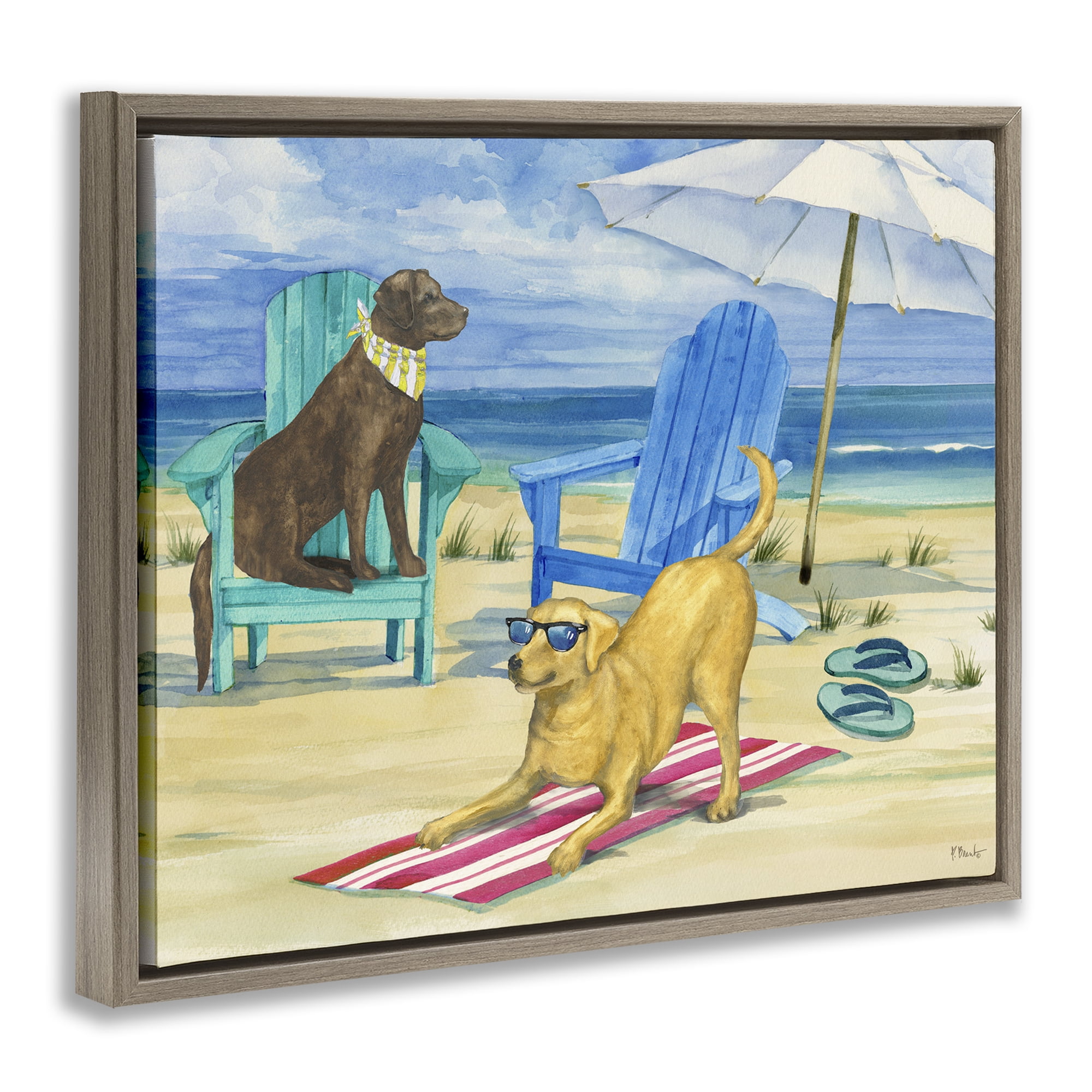 Stupell Industries Dogs on Beach Towel Animals & Insects Painting Brown Floater Framed Canvas Art Print Wall Art, 31 x 25