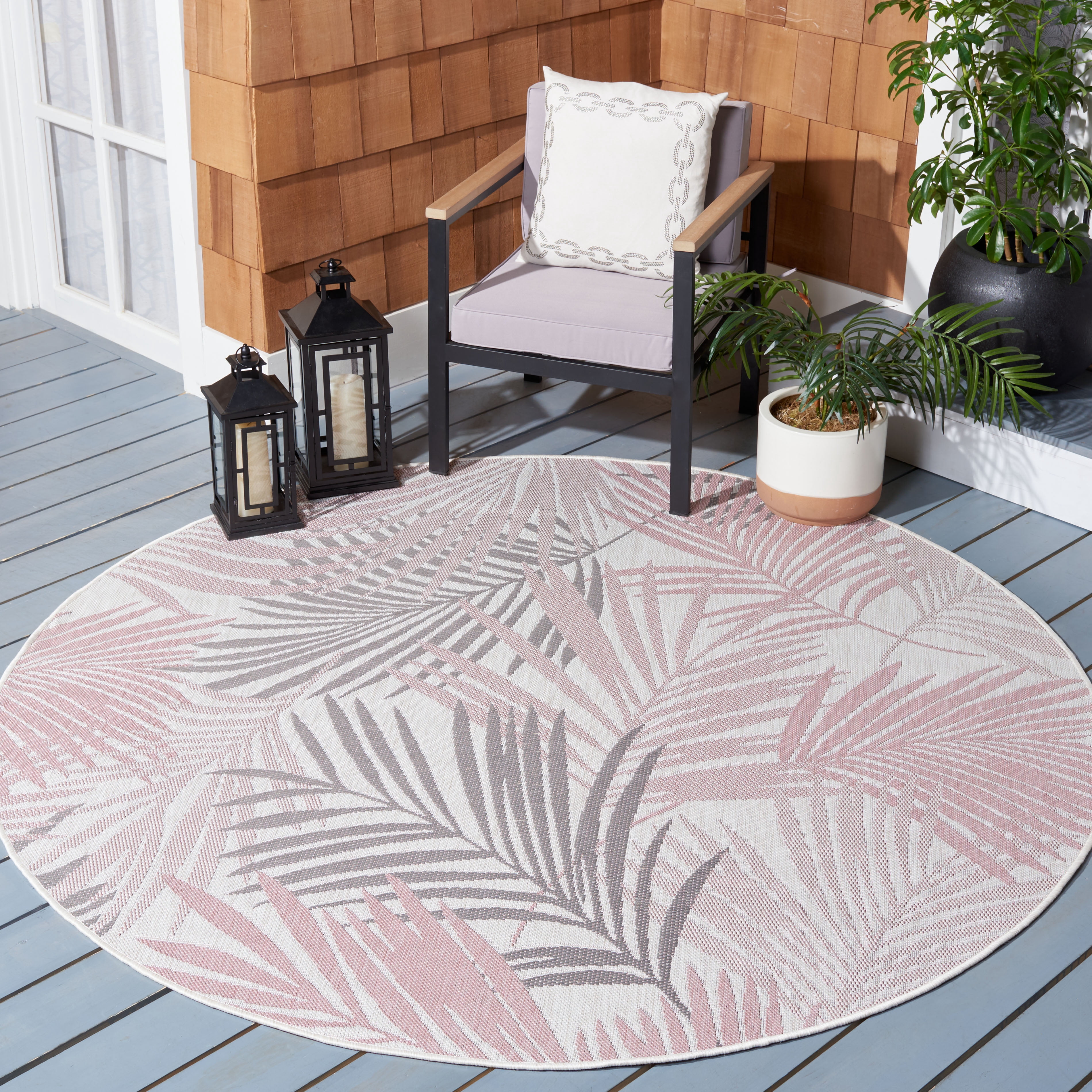 SAFAVIEH Courtyard Jenae Botanical Indoor/Outdoor Area Rug, Ivory/Pink, 6'7" x 6'7" Round