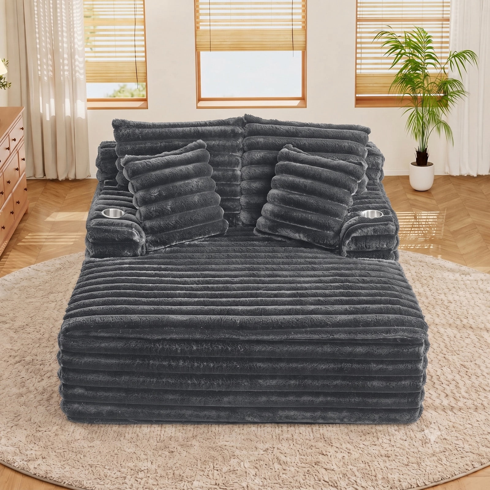 Lunale Oversized Chaise Lounge Chair Indoor Furniture, Boneless Cloud Couch with Cup Holders, Faux Fur Accent Chair for Living Room, Gray