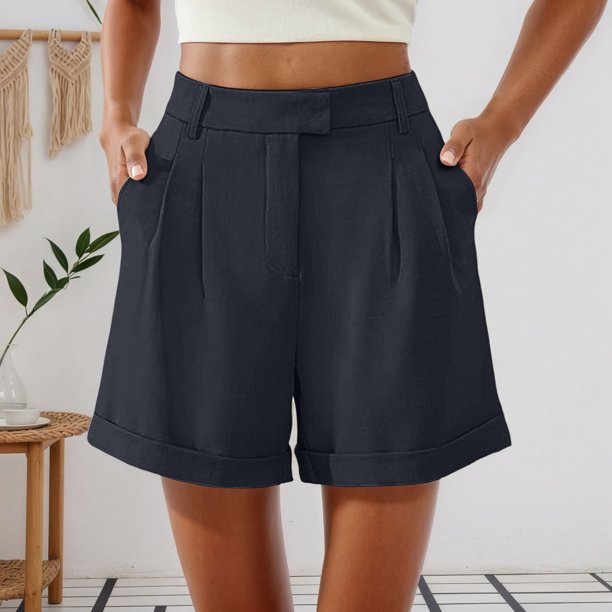 MKLEKYY Pantalones Cortos de Vestir de Cintura Alta para Mujer con Pliegues, Bolsillos Laterales y Espalda Elástica, Cómodos, Transpirables, Informales, para Viajar, Verano, Primavera y Otoño.