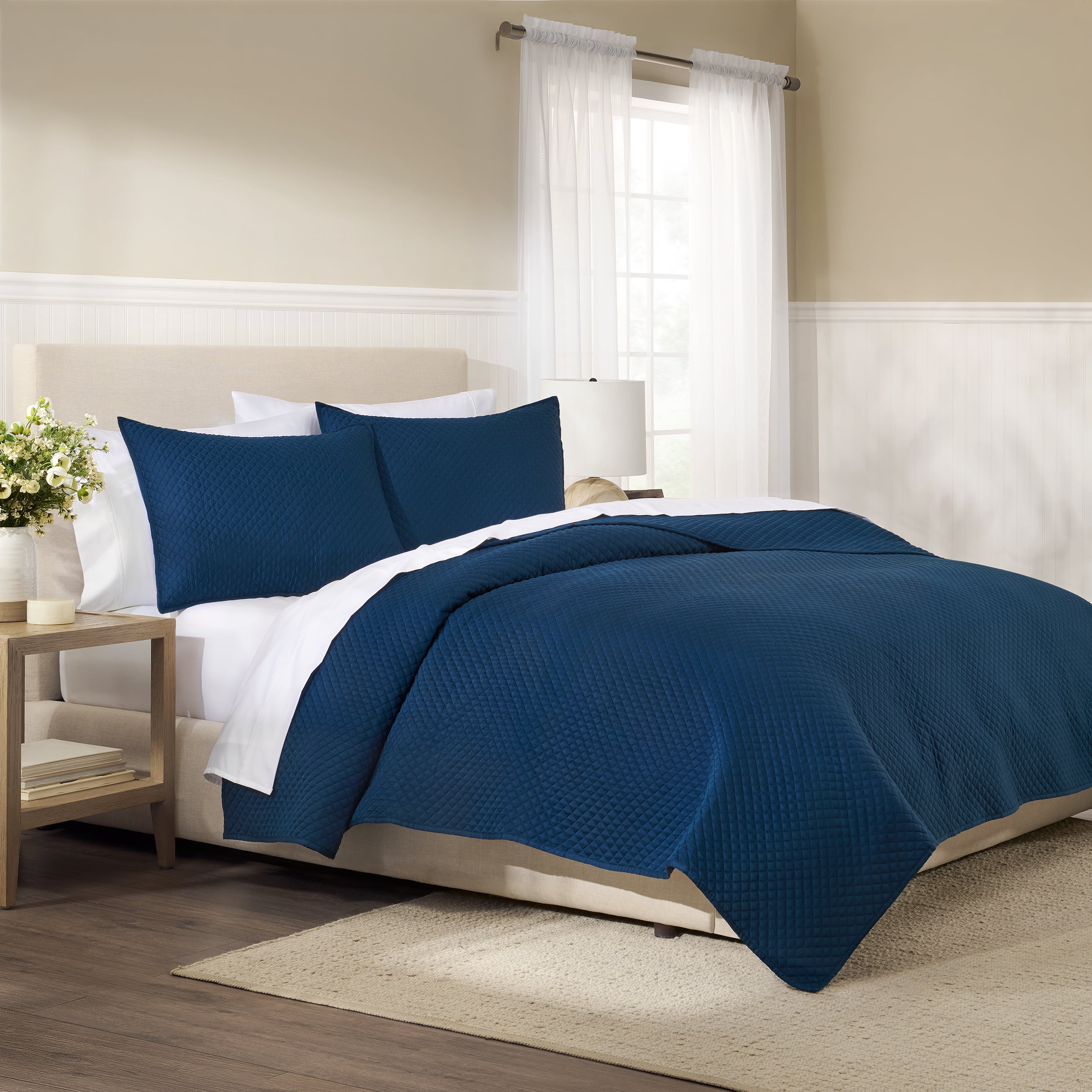 Wamsutta 1846 Cotton Tencel 3-Piece Titan Blue Diamond Stitch Quilt Set, King
