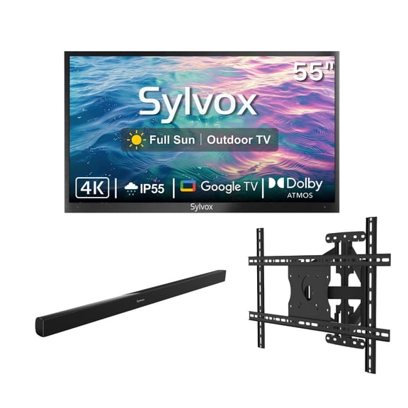SYLVOX 55" Outdoor TV with Mount & Soundbar, IP55 Weatherproof Television, IP65 Waterproof Speaker, 4K UHD Google TV for Full Sun(Pool Pro 2.0)