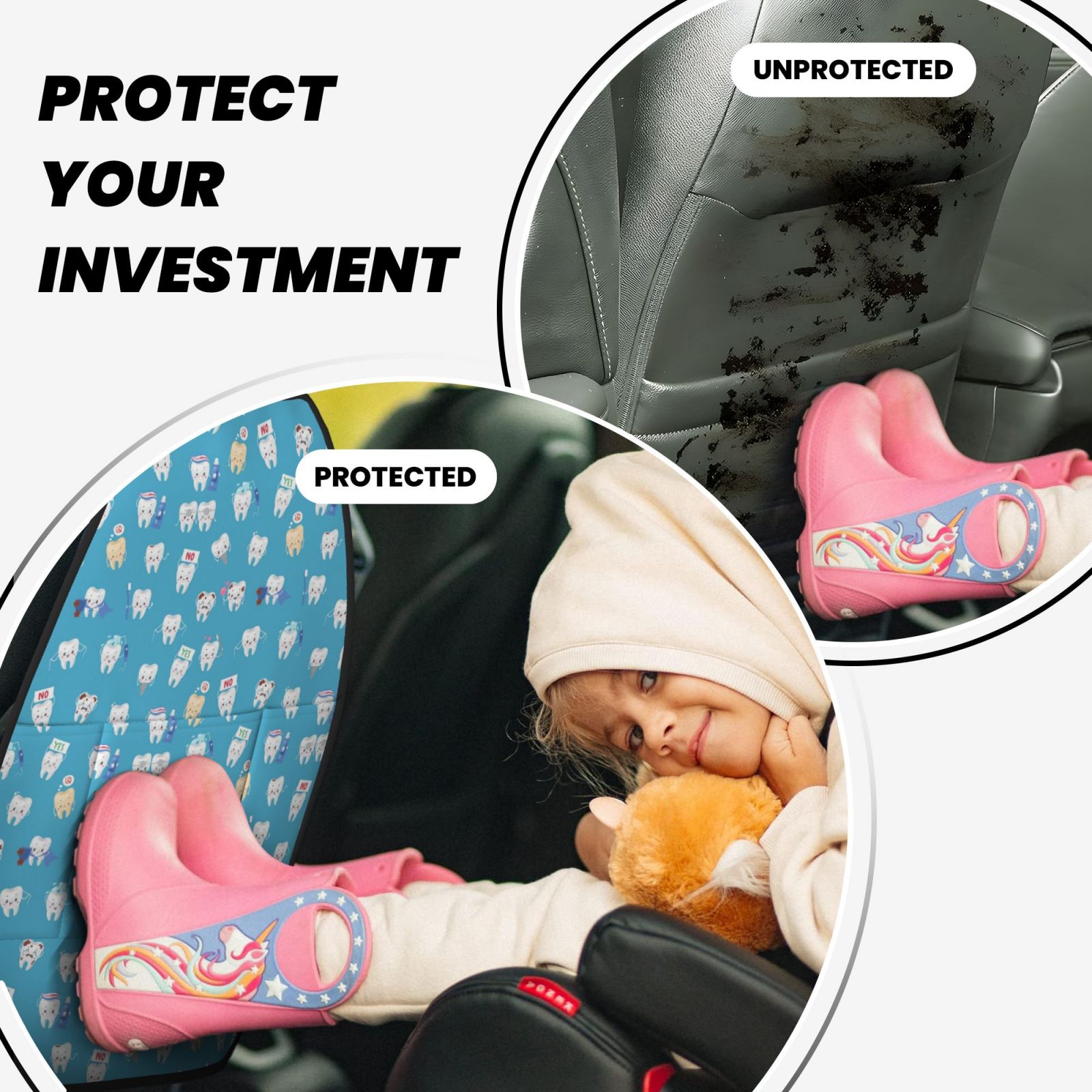 Xecao Healthy And Ill White Teeth Pattern Car Seat Back Protector 2 Pack Large Capacity Pocket, Kick Mats Back Seat Protector