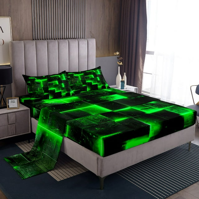 3D Geometric Twin Sheet Set Abstract Aesthetic Sheets Twin, Black and Green Bed Set Glowing Futuristic Cubes Bed Sheets Set, Neon Grid Fitted Sheet 3pcs