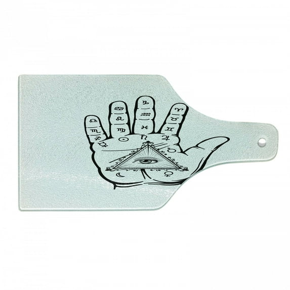 Palmistry Cutting Board, Psychic Hand Pattern with Magic Eye Alchemy Signs Hand Drawn, Decorative Tempered Glass Cutting and Serving Board, in 3 Sizes, by Ambesonne