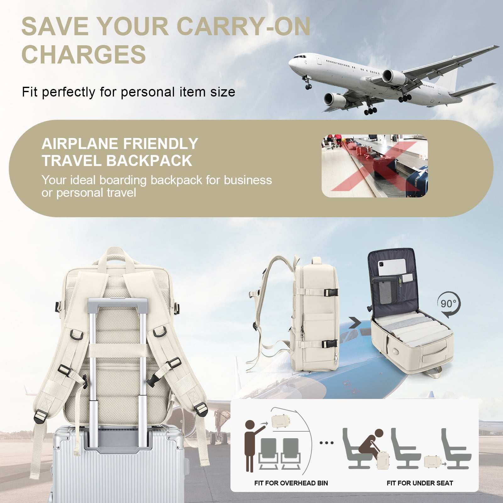 Large Travel Backpack for Women Men, Carry on Flight Approved Personal Item Backpack for Airlines Business College, Adults Waterproof Laptop Luggage Casual Daypack