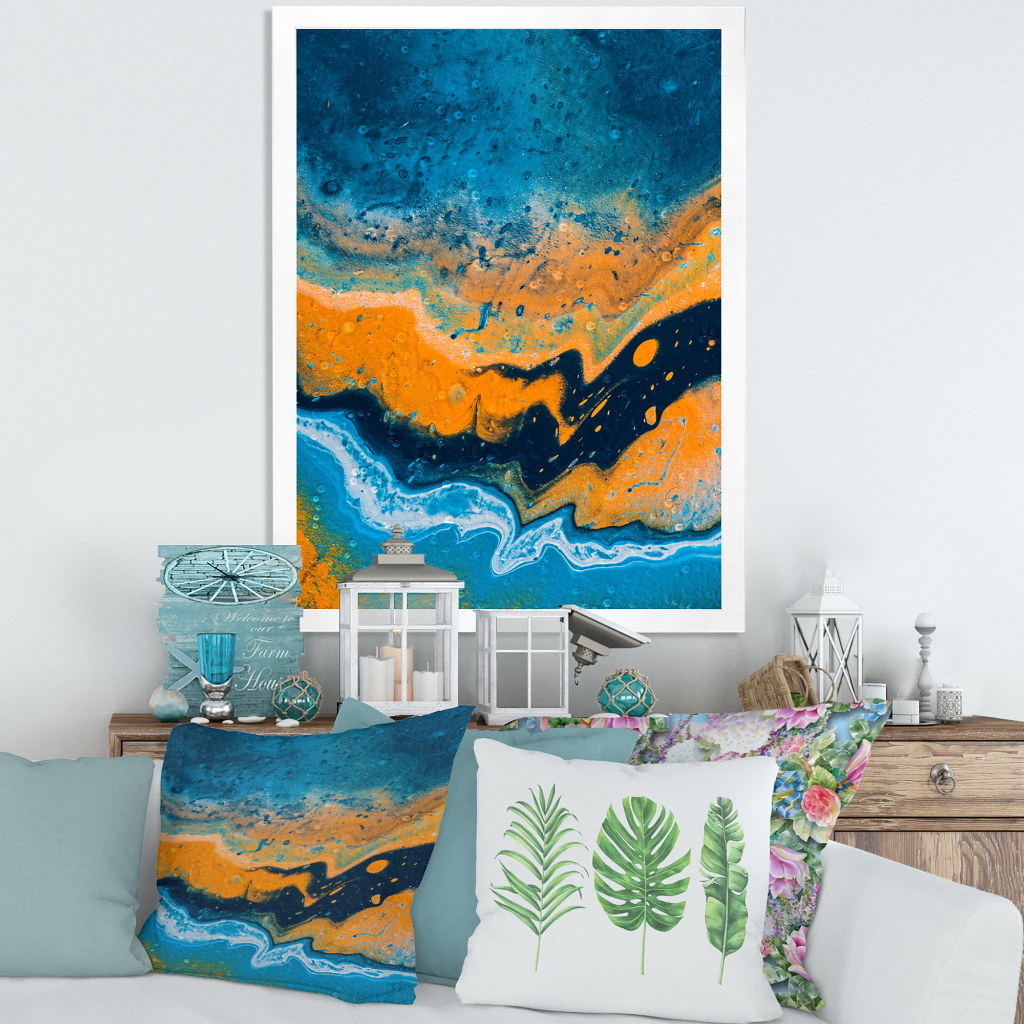 Designart 'Abstract Marble Composition In Orange and Blue IV' Modern Framed Art Print