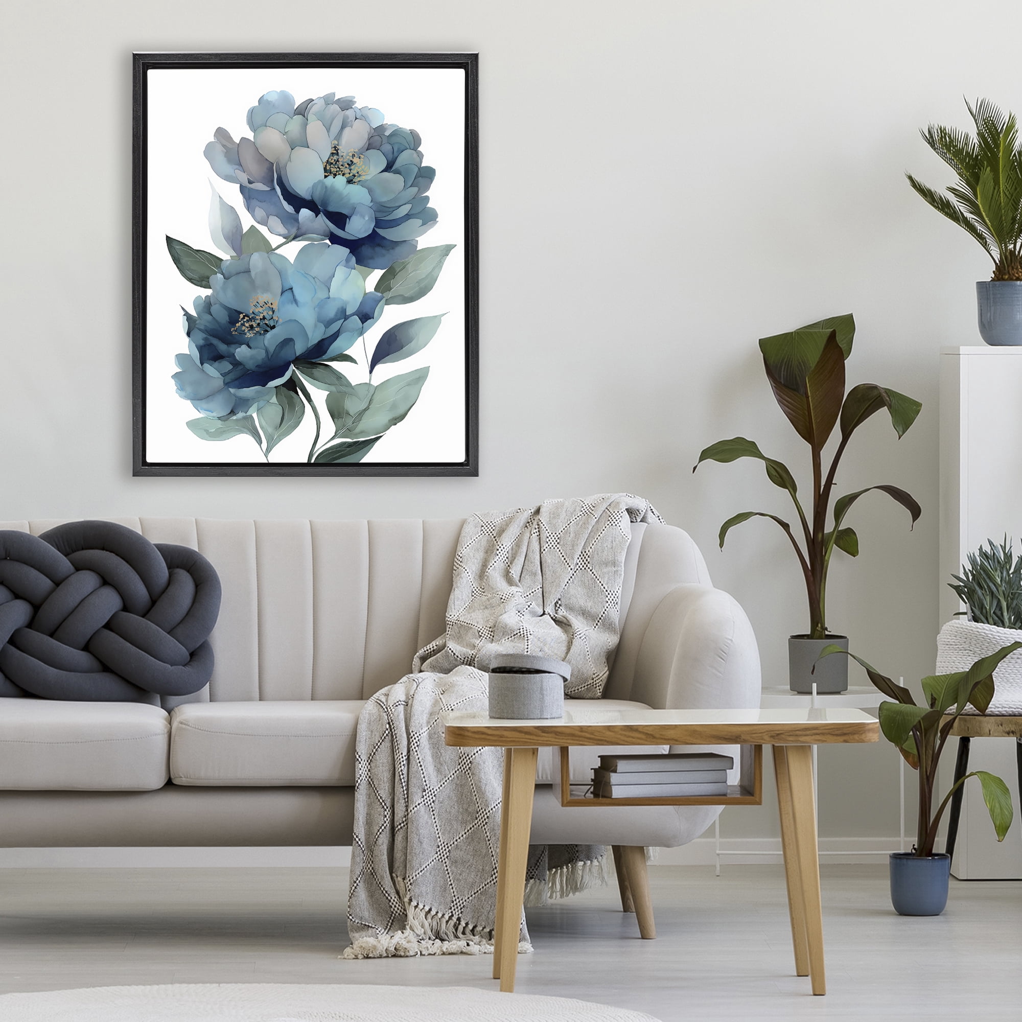 Stupell Industries Two Blue Flowers Serene Peonies Black Framed Floater Canvas Wall Art, design by Franklyn Gregory