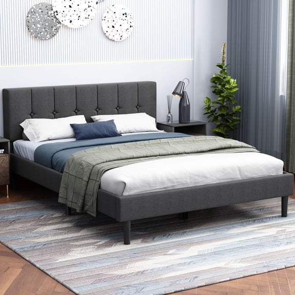 Lijimei Queen Upholstered Platform Bed with Storage and Installation Tools, Dark Gray
