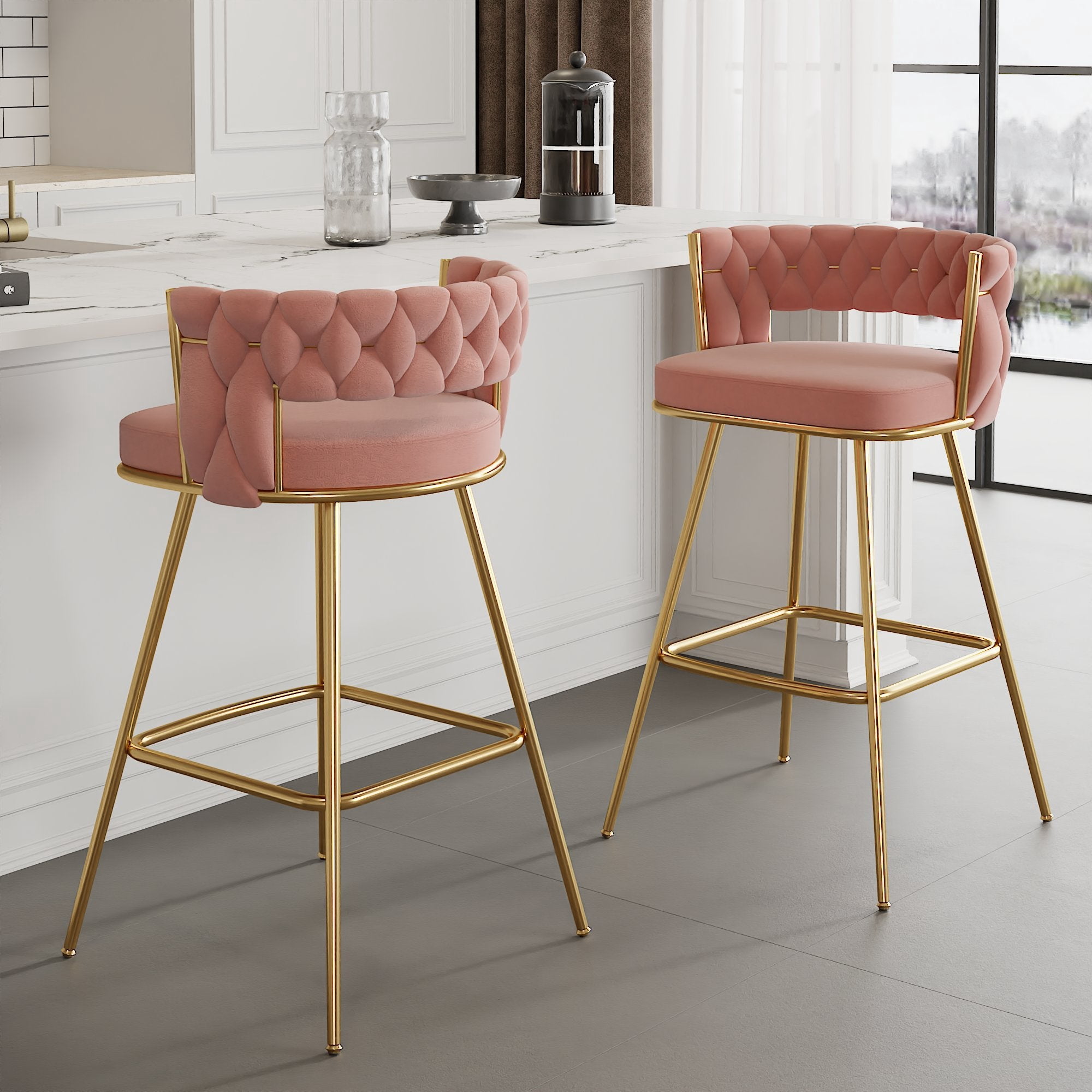 VECELO Modern Braided Bar Stools Set of 2 – Velvet Counter Height Upholstered Stools with Woven Back Support & Footrest, Heavy-Duty Metal Frame Bar Chairs for Kitchen Island,Pink