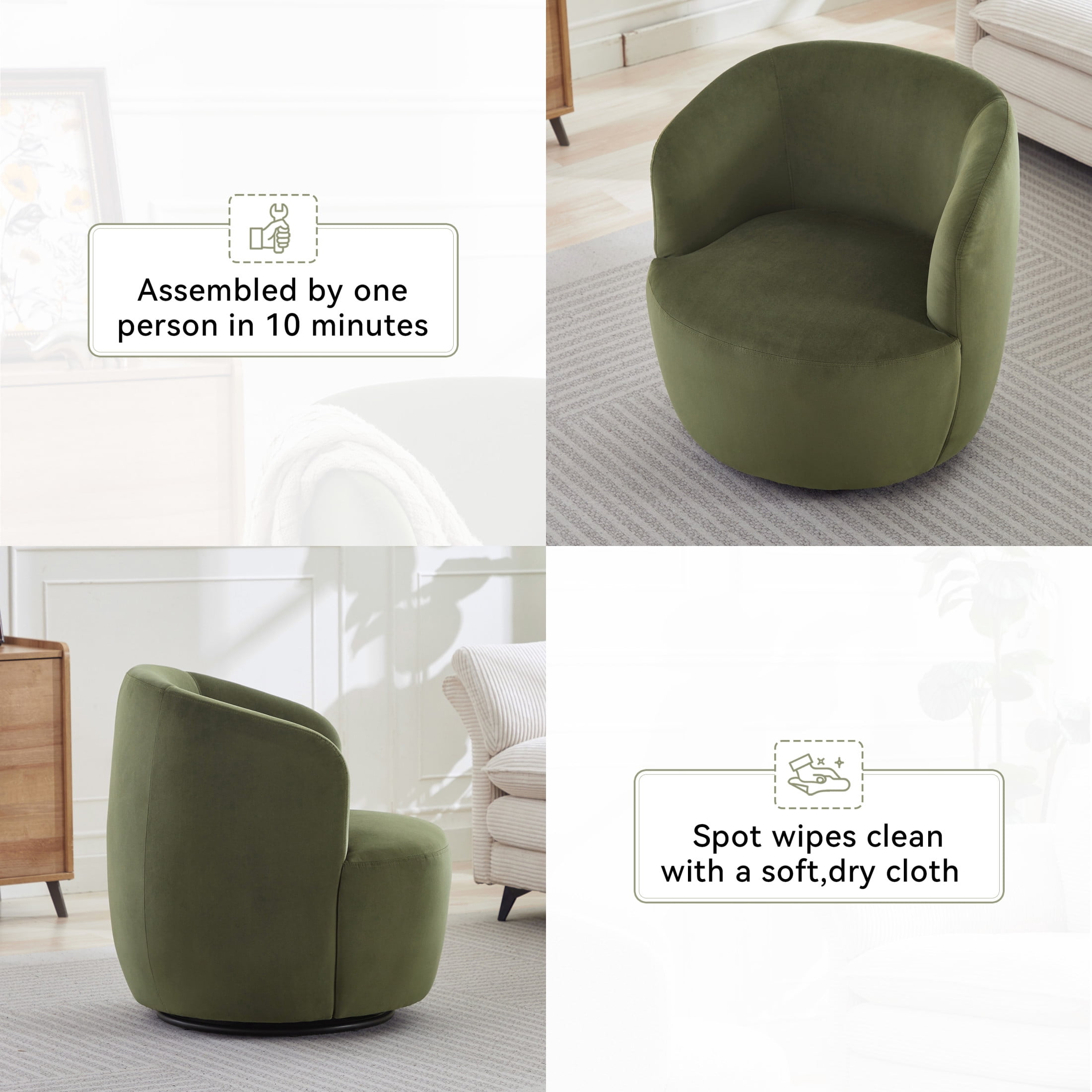 Noble House Valda Upholstered Velvet Barrel Chair, Swivel Reading Lounge Armchair with Metal Base for Bedroom, Green